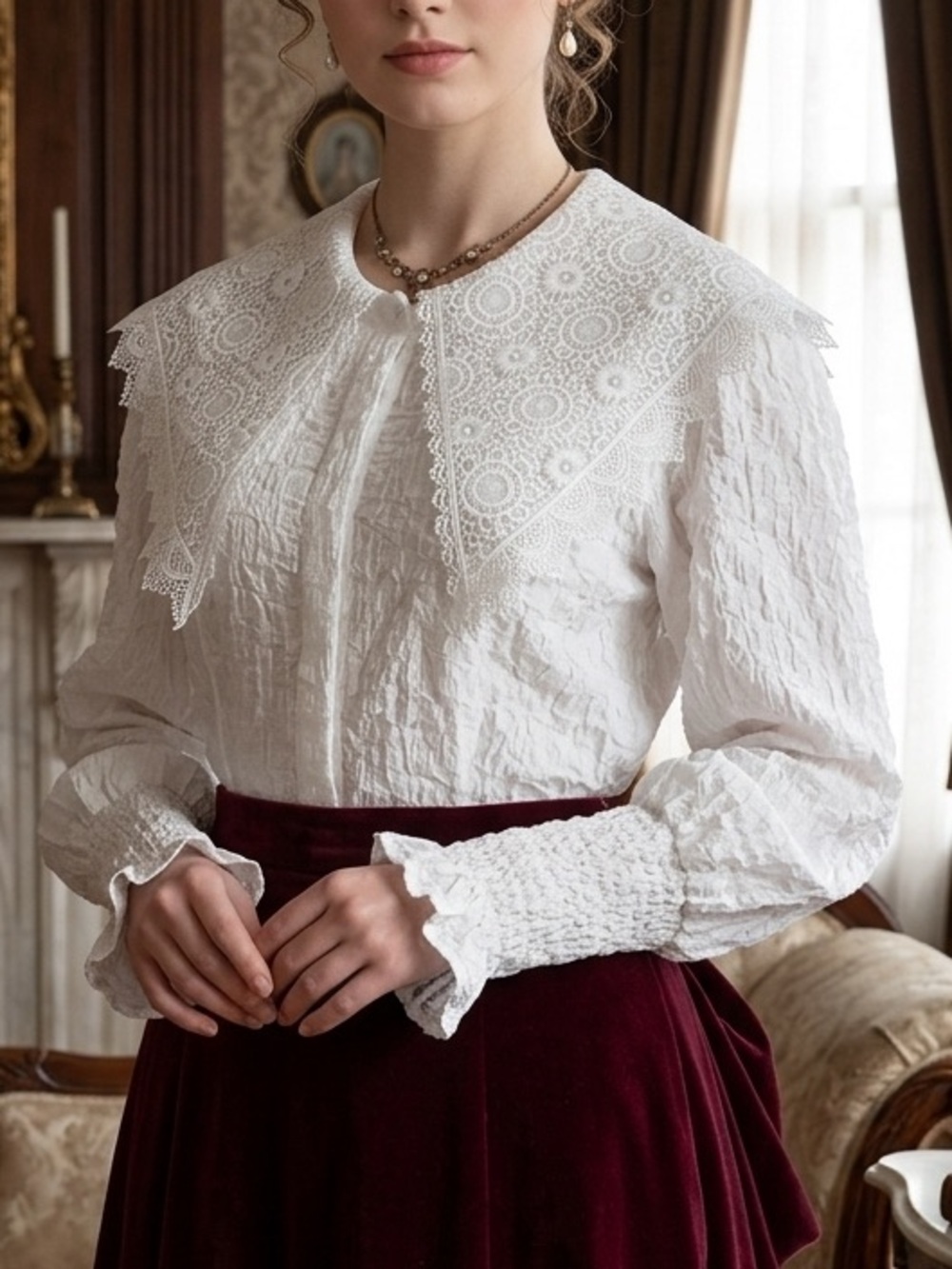GHOSPELL NWT White Textured Lace Statement Collar Blouse S BLG199WHT